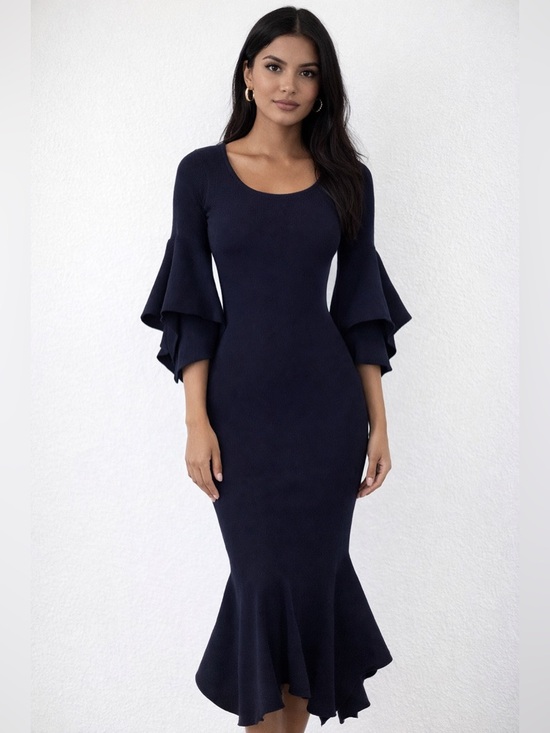 bebe Dresses & Skirts - bebe Navy Scoop-Neck Long Sleeve Ruffle Hem Dress
